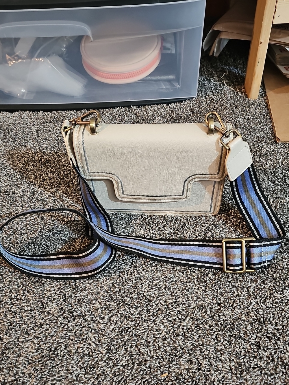Anthropologie Cream Crossbody Bag with Blue and Black Striped Strap